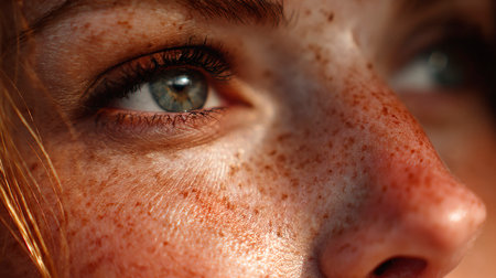 Closeup of red-haired girl with freckles on her faceの素材