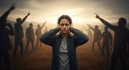 Conceptual image of a young man standing in the middle of the field and looking at the camera.の素材