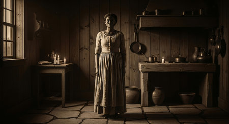 Woman in the old kitchen. 3d rendering. Vintage style.の素材
