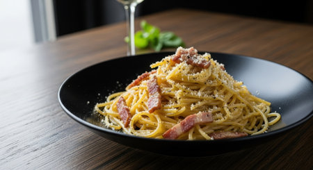 Spaghetti carbonara with bacon and parmesan on black plateの素材