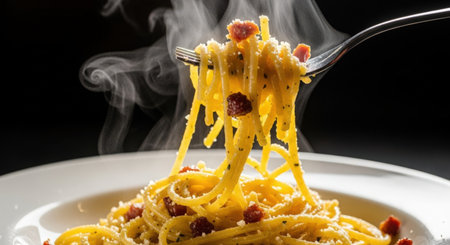 Spaghetti carbonara on a fork with smoke on a black backgroundの素材