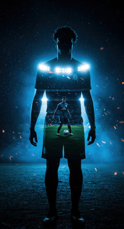 Silhouette of a soccer player standing in front of the spotlightの素材