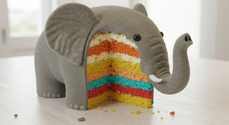 Elephant made of colorful plasticine in the shape of a rainbowの素材