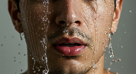 Close-up portrait of a young man in a shower with water dropsの素材