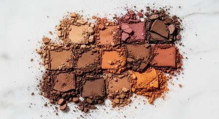 crushed eyeshadow palette on white marble background, top viewの素材