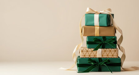 Gift boxes with ribbons on a light background. Copy space.の素材