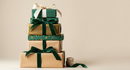 A stack of gift boxes with green ribbons on a light backgroundの素材