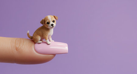 Finger with a toy dog on a lilac background. Pet care conceptの素材