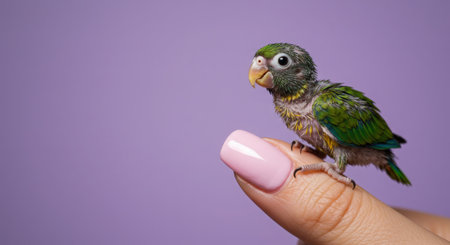 Little green parrot in the hand of a woman on a purple backgroundの素材