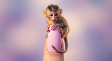 Cute baby monkey sitting on a pink easter egg on a pink backgroundの素材