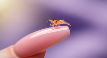 Female finger with a pink manicure holds a small shrimp on a purple backgroundの素材