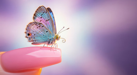 butterfly on the finger of a woman on a blurred backgroundの素材