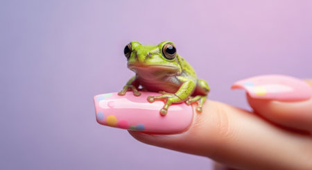 Female hand holding a green frog on a pink background. Close-up.の素材