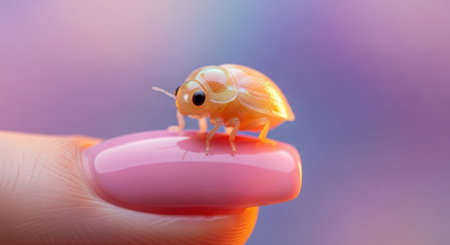 Ladybug on a pink stone in the hand on a blurred backgroundの素材