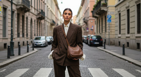 Portrait of a young businesswoman with a bag in the cityの素材