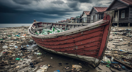 Abandoned wooden fishing boat on the beach with garbage and trashの素材