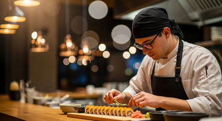 professional chef preparing sushi at restaurant kitchen. Chef decorating rolls.の素材