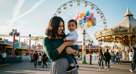 Mother and daughter playing at the amusement park. Happy family having fun on a sunny day.の素材