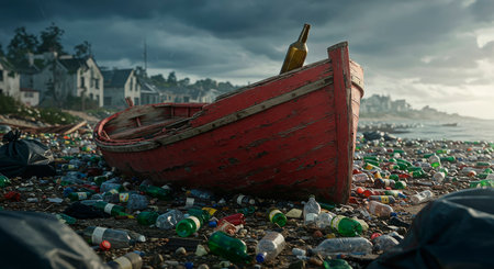 Garbage on the beach with a red boat in the background.の素材