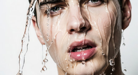 Close-up portrait of a young beautiful woman in a shower.の素材