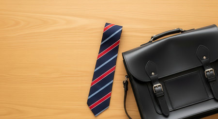 Businessman's briefcase and necktie on the wooden background.の素材
