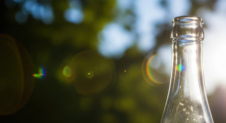 A closeup of a glass bottle on a blurred background with sunlightの素材