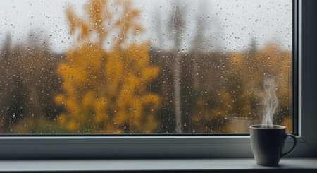 Cup of coffee on the windowsill with autumn leaves and rain dropsの素材
