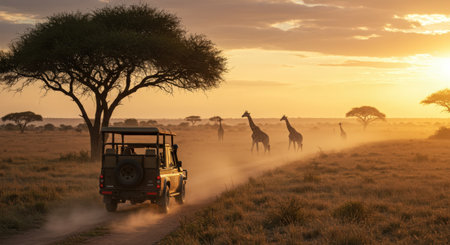 African safari jeep in the savannah of Serengeti National Park, Tanzaniaの素材