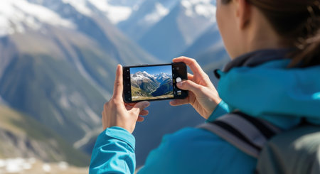 Hiker taking photo with smart phone in mountains. Travel and adventure conceptの素材