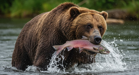 Grizzly Bear chasing a salmon in the river. Kamchatkaの素材