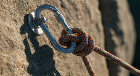 Rope and knot on a rock. Close-up. Climbing equipment.の素材
