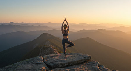 Young woman practicing yoga on top of a mountain at sunset. Concept of healthy lifestyle and relaxation.の素材