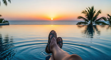 Female legs on the edge of a swimming pool during sunset or sunriseの素材