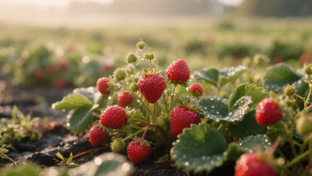 Strawberry field in the morning, close-up of strawberry plantの素材