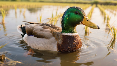 Male mallard duck swimming in a lake in early morning light.の素材