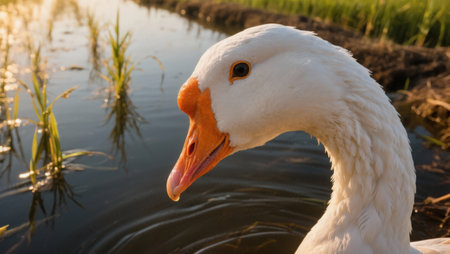 White goose in the pond at sunset. Close-up portrait of a white goose.の素材