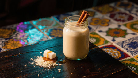 Traditional Turkish milkshake with cinnamon on a wooden table.の素材