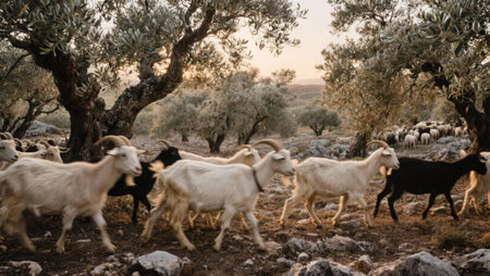 Herd of goats in the mountains with olive trees in the backgroundの素材