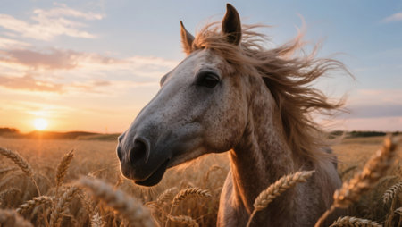 Horse with long mane in wheat field at sunset. Selective focus.の素材