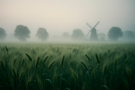 Green wheat field and windmill in the fog. Beautiful countryside landscape.の素材