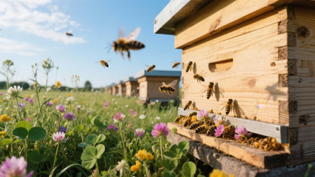 Beehives in the apiary on a summer meadow.の素材