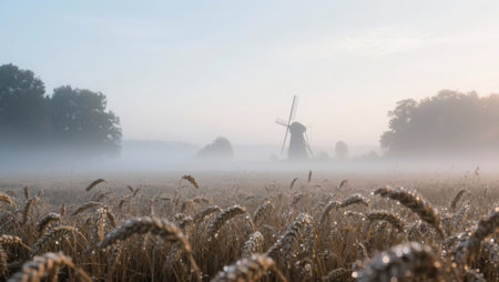 Windmill in the foggy field at sunrise. Rural landscape.の素材