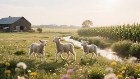 Cute little lambs running in the meadow at sunset timeの素材