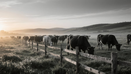 Herd of cows grazing in the meadow at sunrise. black and whiteの素材