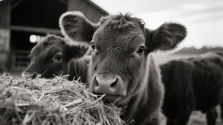 Black and white portrait of a young red cow on the farm.の素材