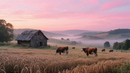 Cows grazing on a meadow in the morning mist, Polandの素材