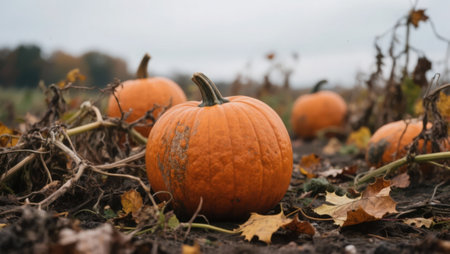 Two pumpkins lying on the ground in autumn. Close-up.の素材