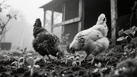 Black and white photo of a hen and chicken on the farm.の素材