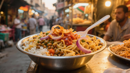 Close up of a plate of spicy spaghetti on a street food stall in Indiaの素材