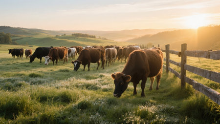 Cows grazing in a meadow at sunrise in the countryside.の素材